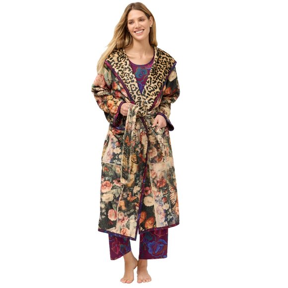Johnny Was Bellina Leopard Aditi Robe Reversible Lounge Sleep Floral Brown NEW - Picture 1 of 6